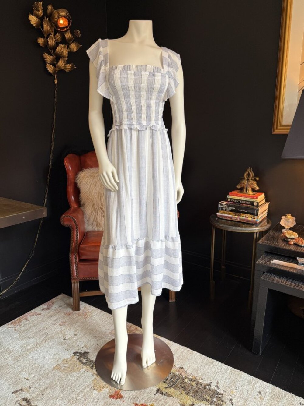Flower & Feather Blue Stripe Smocked Tiered Midi Sundress PL